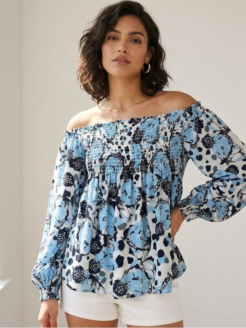 Charming Charlie Off Shoulder Long Sleeve Floral Smocked Blouse Size Small